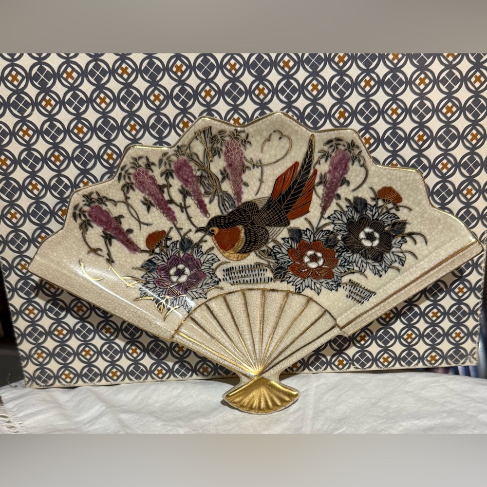 Vintage Japanese porcelain hand painted fan trinket dish pretty